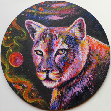 Puma acrylic round painting space Painting titled "Puma acrylic round…" by Anna Ponomarenko, Original Art, Acrylic Mounted on Cardboard