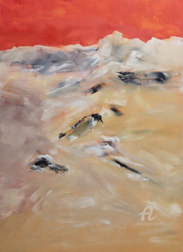 Painting titled "Plage" by Anna Perjan, Original Artwork, Oil Mounted on Wood Stretcher frame