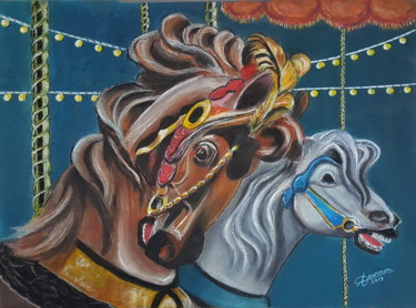 Pittura intitolato "chevaux de bois" da Anny Dournon, Opera d'arte originale, Pastello