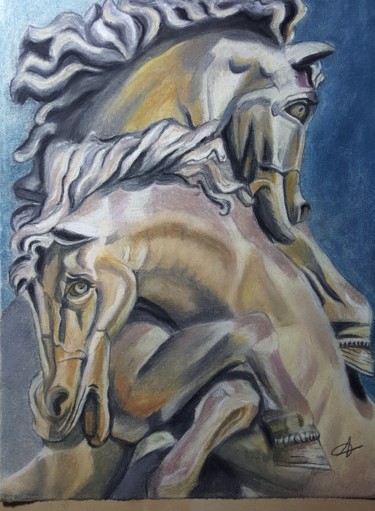 Peinture intitulée "Chevaux de pierre" par Anny Dournon, Œuvre d'art originale, Pastel