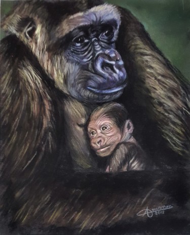 Peinture intitulée "maternité gorille" par Anny Dournon, Œuvre d'art originale, Pastel