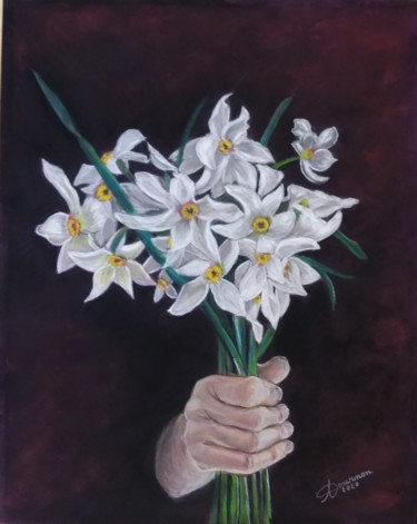 Malerei mit dem Titel "Narcisses" von Anny Dournon, Original-Kunstwerk, Pastell