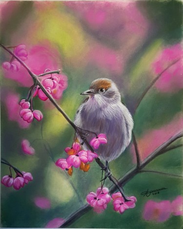 Painting titled "oiseau aux fleurs r…" by Anny Dournon, Original Artwork, Pastel
