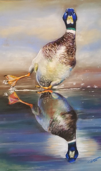 Peinture intitulée "canard sur la glace" par Anny Dournon, Œuvre d'art originale, Pastel