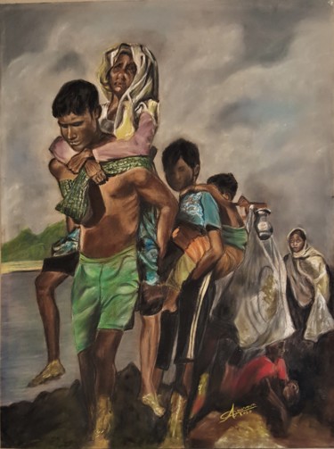 Malerei mit dem Titel "Migrants" von Anny Dournon, Original-Kunstwerk, Pastell
