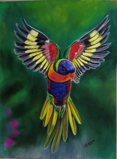 Картина под названием "loriquet tricolore" - Anny Dournon, Подлинное произведение искусства, Пастель