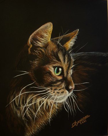 Peinture intitulée "chat roux" par Anny Dournon, Œuvre d'art originale, Pastel