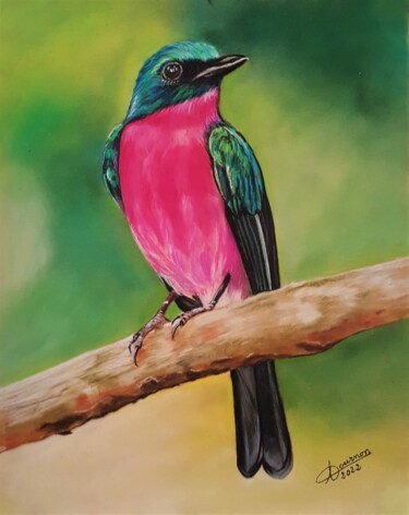 Painting titled "oiseau exotique ver…" by Anny Dournon, Original Artwork, Pastel