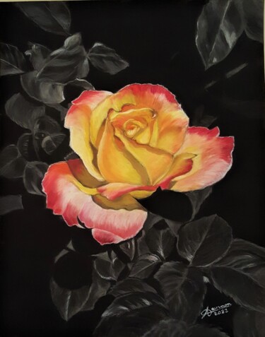 Painting titled "rose jaune" by Anny Dournon, Original Artwork, Pastel