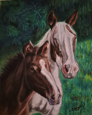 Painting titled "2 chevaux" by Anny Dournon, Original Artwork, Pastel
