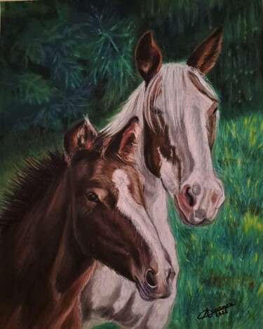 Pintura intitulada "2 chevaux" por Anny Dournon, Obras de arte originais, Pastel