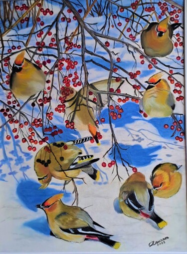 Pintura titulada "oiseaux en hiver" por Anny Dournon, Obra de arte original, Pastel