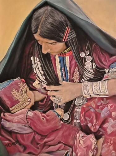 Peinture intitulée "Femme berbère et so…" par Anny Dournon, Œuvre d'art originale, Pastel