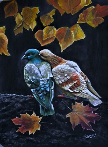 Pintura intitulada "2 pigeons s'aimaien…" por Anny Dournon, Obras de arte originais, Pastel