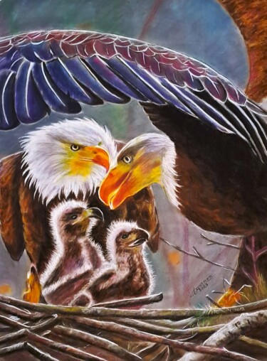 Painting titled "nid d'aigles" by Anny Dournon, Original Artwork, Pastel