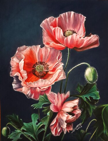 Painting titled "coquelicots roses" by Anny Dournon, Original Artwork, Pastel