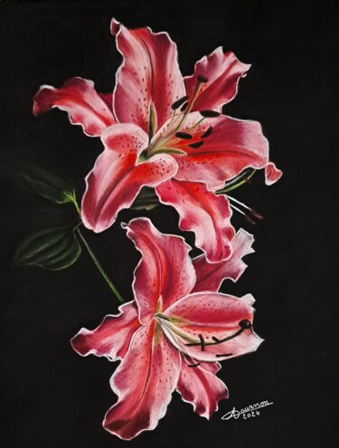 Painting titled "Lys roses" by Anny Dournon, Original Artwork, Pastel