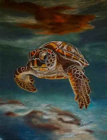 Painting titled "Tortue marine" by Anny Dournon, Original Artwork, Pastel
