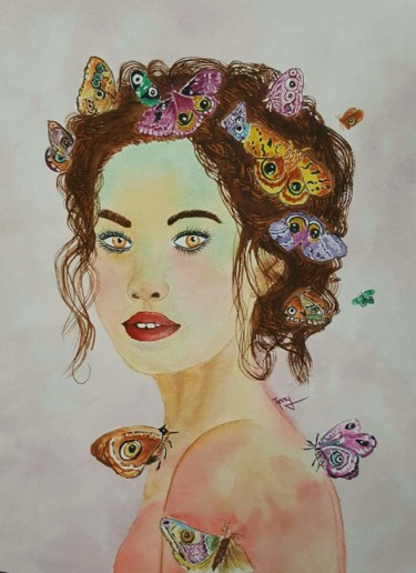 Peinture intitulée "Miss Butterfly" par Anny Burtscher-Beaudoin, Œuvre d'art originale, Aquarelle