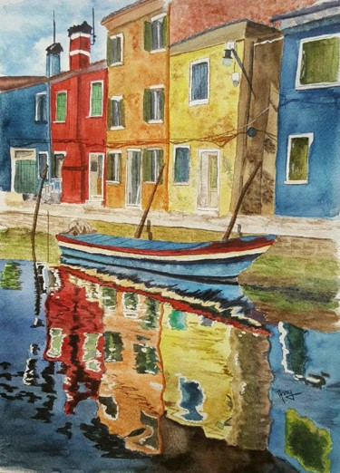 Painting titled "Burano" by Anny Burtscher-Beaudoin, Original Artwork, Watercolor