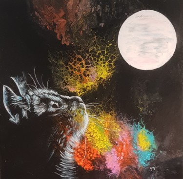 Peinture intitulée "Rêverie de chat au…" par Anny Burtscher-Beaudoin, Œuvre d'art originale, Acrylique