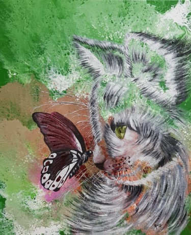 Malerei mit dem Titel "Le chat et la nature" von Anny Burtscher-Beaudoin, Original-Kunstwerk, Acryl