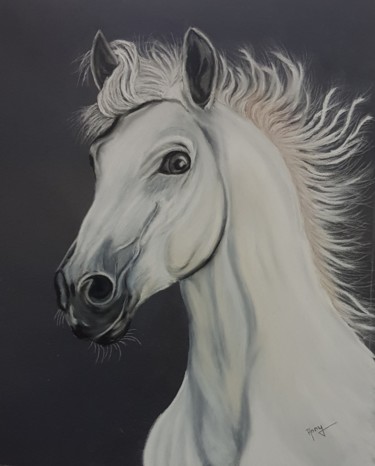 Schilderij getiteld "Cheval blanc" door Anny Burtscher-Beaudoin, Origineel Kunstwerk, Pastel