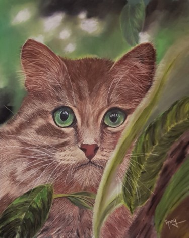 Schilderij getiteld "chat et nature" door Anny Burtscher-Beaudoin, Origineel Kunstwerk, Pastel