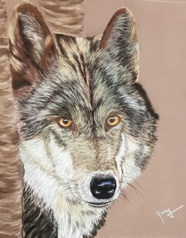 Pittura intitolato "Le loup au regard d…" da Anny Burtscher-Beaudoin, Opera d'arte originale, Pastello