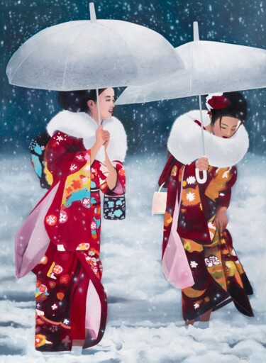 Schilderij getiteld "Japonaises sous la…" door Anong Lopes, Origineel Kunstwerk, Olie Gemonteerd op Frame voor houten branca…