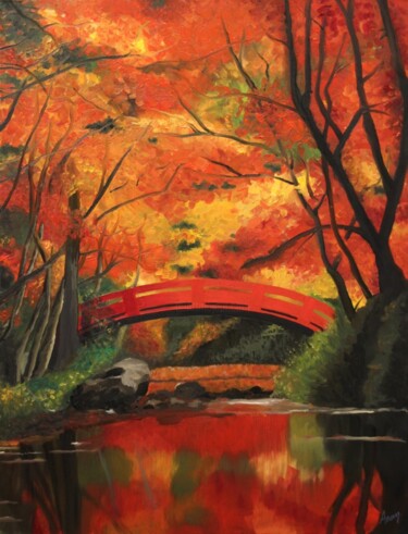 Painting titled "Pont rouge Japon" by Anong Lopes, Original Artwork, Oil Mounted on Wood Stretcher frame
