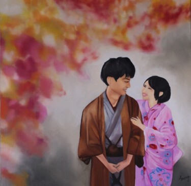 Картина под названием "Couple japonais" - Anong Lopes, Подлинное произведение искусства, Масло Установлен на Деревянная рама…
