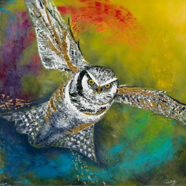 La chouette Peinture intitulée "La chouette" par Lopes Anong, Œuvre d'art originale, Huile Monté sur Châssis