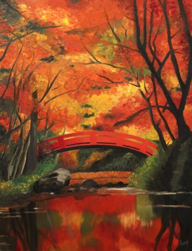 Peinture intitulée "Pont rouge Japon" par Lopes Anong, Œuvre d'art originale, Huile Monté sur Châssis en bois