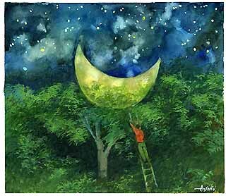 Malerei mit dem Titel "Le cueilleur de lune" von Ansatu Schlumberger, Original-Kunstwerk