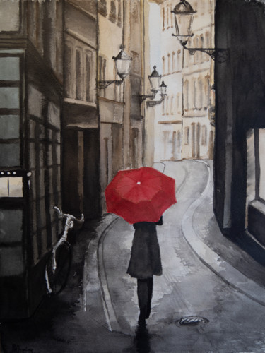 Pittura intitolato "Seule sous la pluie…" da Philippe Anselme, Opera d'arte originale, Inchiostro Montato su Cartone
