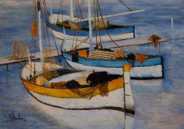 Peinture intitulée "Barques après la pê…" par Philippe Anselme, Œuvre d'art originale, Huile Monté sur Châssis en bois
