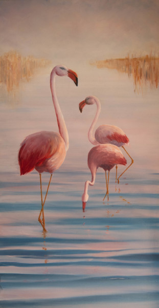 Painting titled "Les flamands roses.…" by Philippe Anselme, Original Artwork, Oil Mounted on Wood Stretcher frame