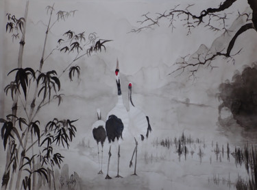 Painting titled "Grues du Japon dans…" by Philippe Anselme, Original Artwork, Ink Mounted on Other rigid panel