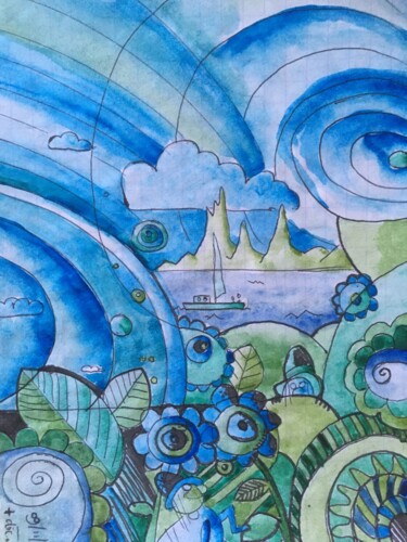 Peinture intitulée "Paysage bleu" par Anthony Bardes, Œuvre d'art originale, Aquarelle