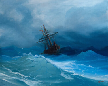 Painting titled "Mer orageuse d'aprè…" by Anthony Colange, Original Artwork, Oil Mounted on Wood Stretcher frame