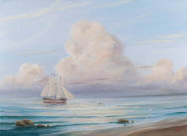 Painting titled "Vue de la mer" by Anthony Colange, Original Artwork, Oil Mounted on Wood Stretcher frame