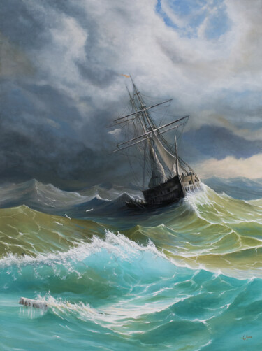Painting titled "Ship in the Stormy…" by Anthony Colange, Original Artwork, Oil Mounted on Wood Stretcher frame