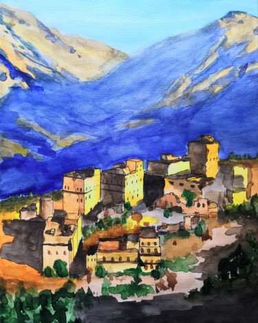 Картина под названием "Village in Yemen" - Anthony Lebedev, Подлинное произведение искусства, Акварель