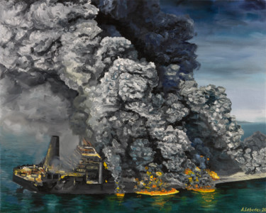 Peinture intitulée ""Oil tanker"" par Anthony Lebedev, Œuvre d'art originale, Huile Monté sur Châssis en bois