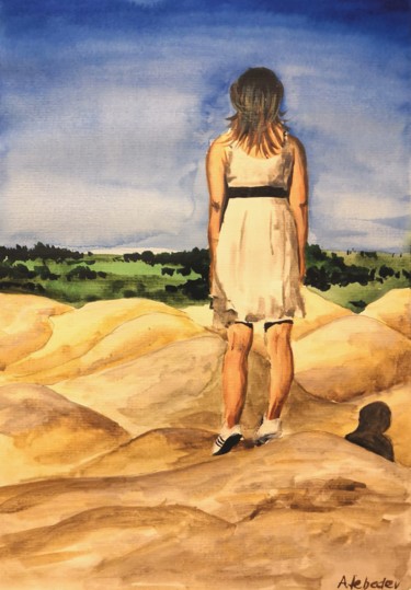 Painting titled "Girl in the sands" by Anthony Lebedev, Original Artwork, Watercolor