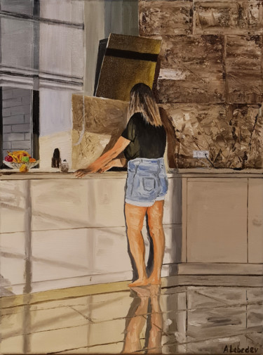 Painting titled "Girl in the kitchen" by Anthony Lebedev, Original Artwork, Oil Mounted on Wood Stretcher frame
