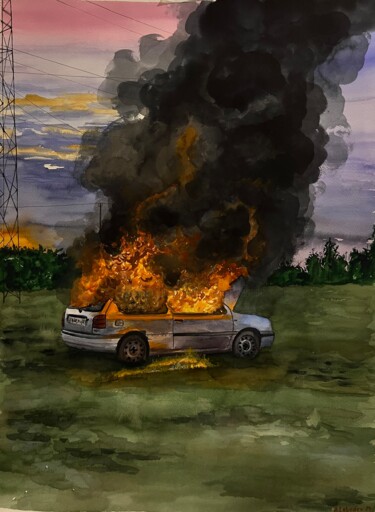 Ζωγραφική με τίτλο "After the Chase" από Anthony Lebedev, Αυθεντικά έργα τέχνης, Ακουαρέλα