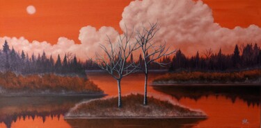 Schilderij getiteld "Autumn Sky" door Lusignan Studios, Origineel Kunstwerk, Olie Gemonteerd op Frame voor houten brancard
