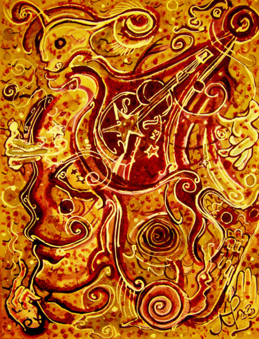 Peinture intitulée "Une guitare dans la…" par Poemu, Œuvre d'art originale